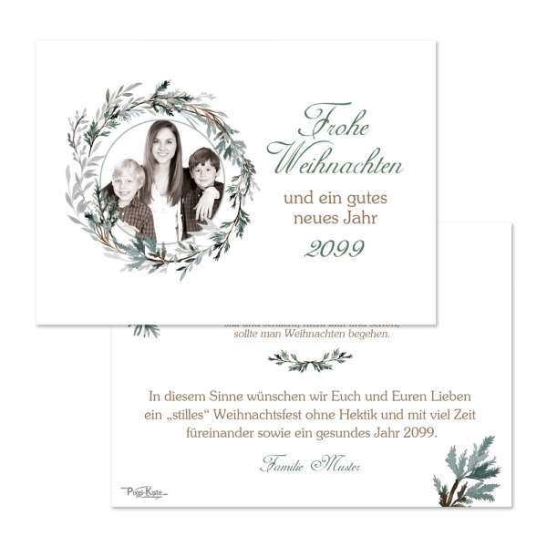 festliche Weihnachtskarten mit Foto und Tannenkranz online drucken